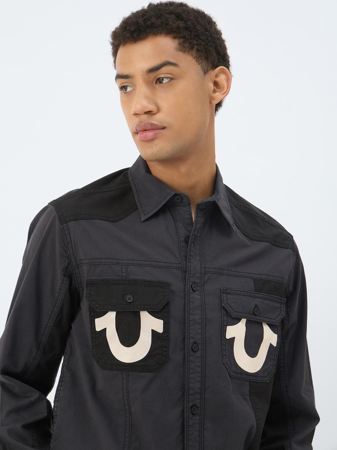 True Religion Men Black Solid Collar Shirt