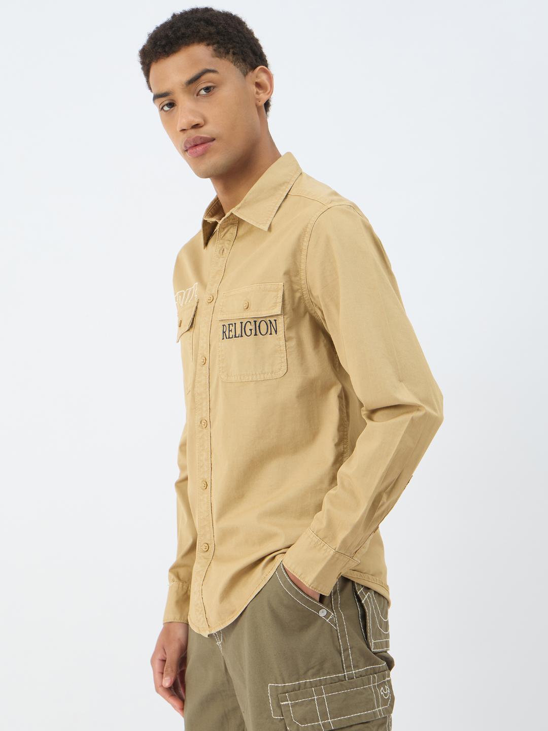 True Religion Men Beige Solid Collar Shirt