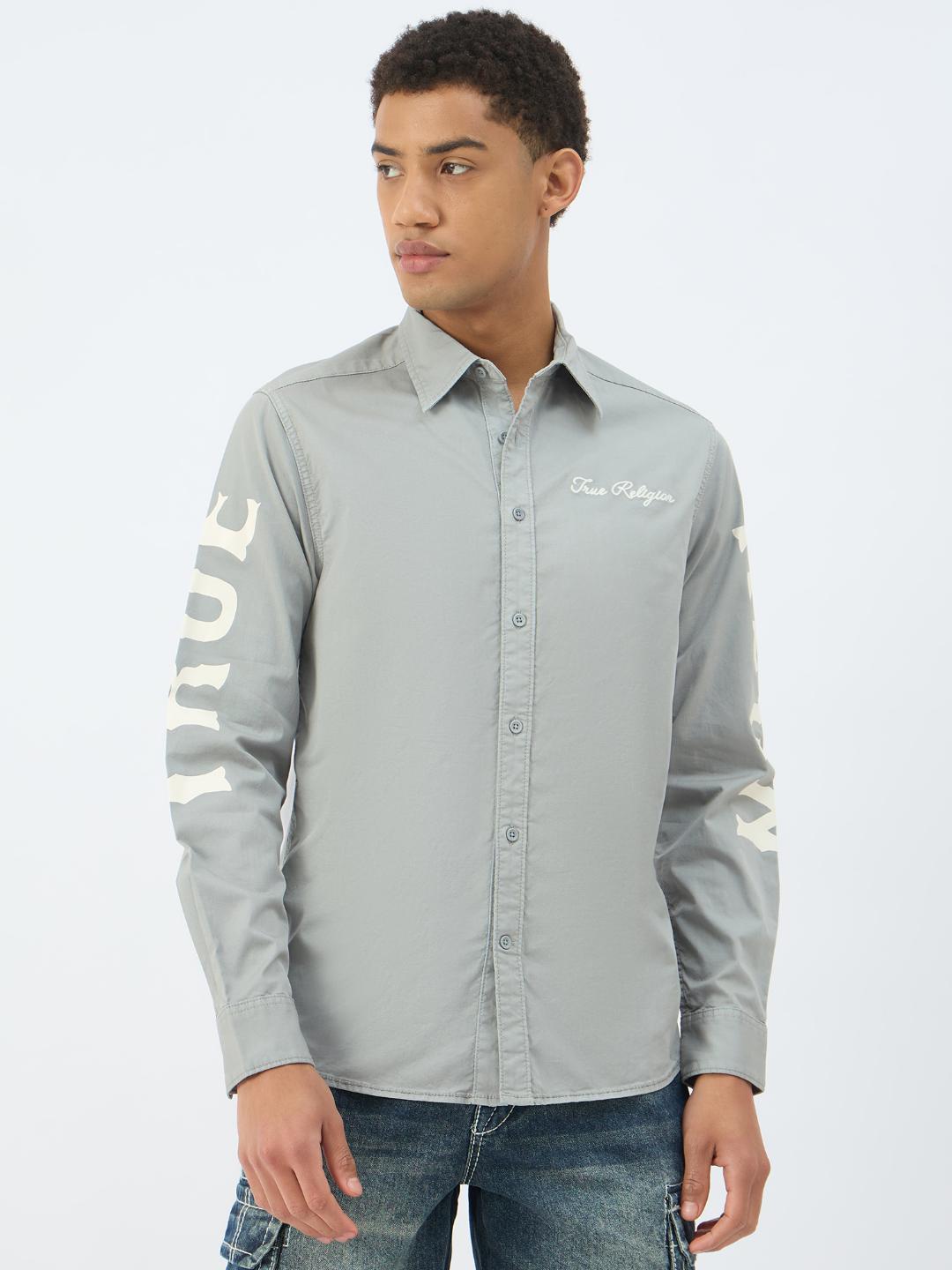 True Religion Men Grey Solid Collar Shirt