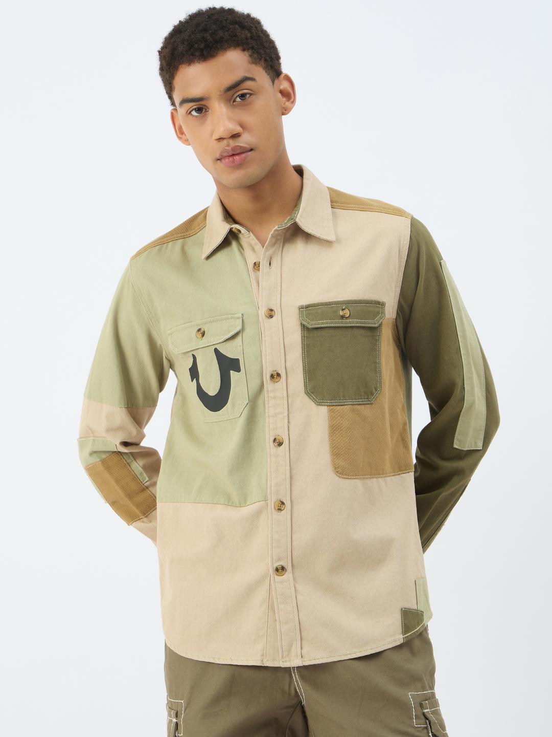 True Religion Men Beige Solid Collar Shirt