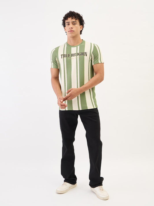 True Religion Men Green Striped Round Neck Tshirt