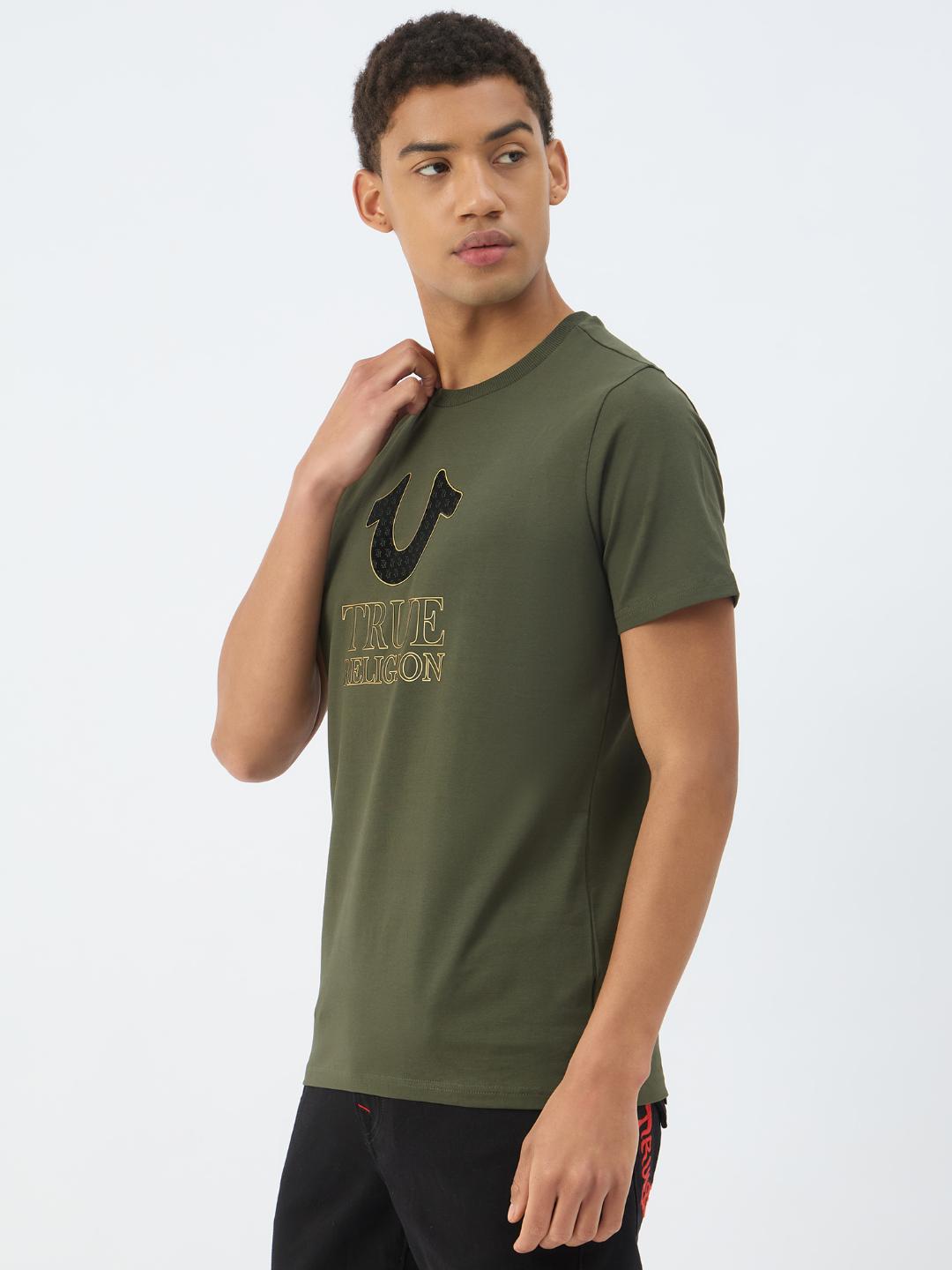 True Religion Men Green Solid Round Neck Tshirt