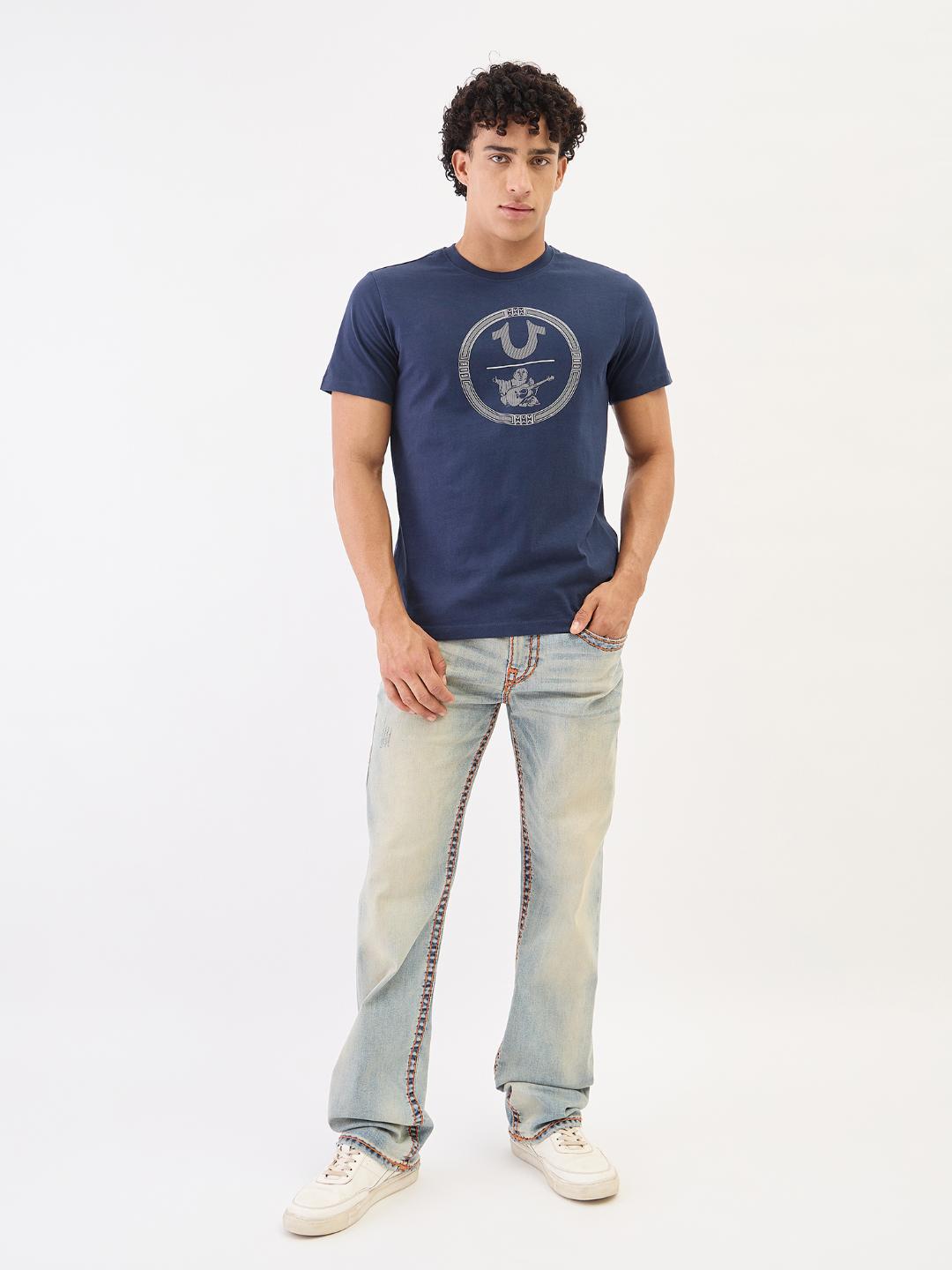 True Religion Men Navy Blue Solid Round Neck Tshirt