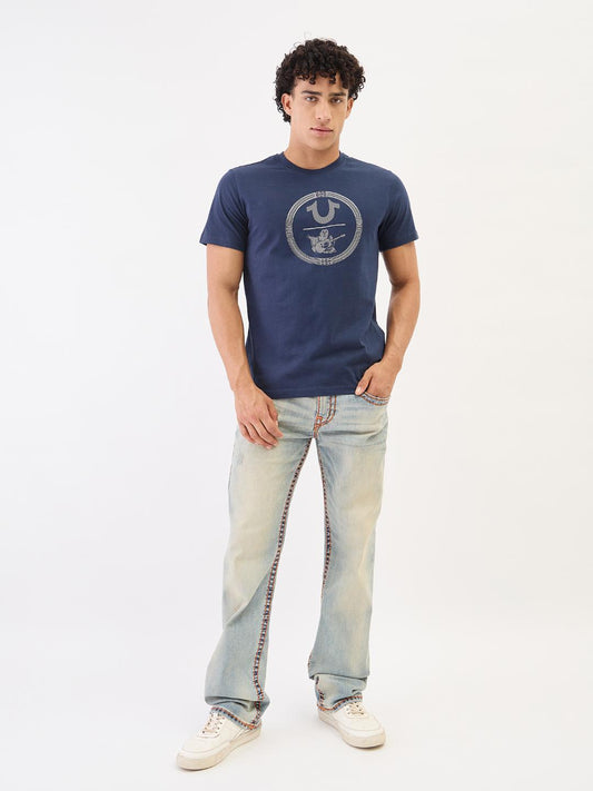 True Religion Men Navy Blue Solid Round Neck Tshirt