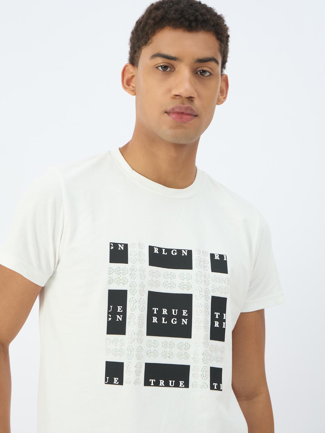 True Religion Men Cream Solid Round Neck Tshirt