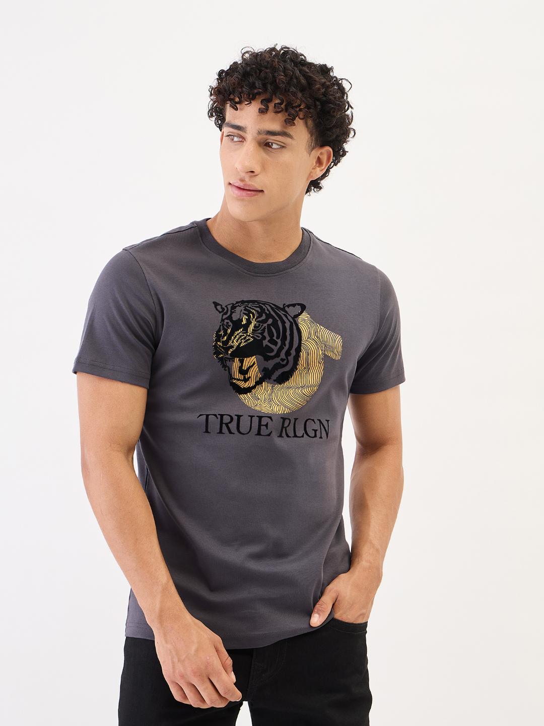 True Religion Men Grey Solid Round Neck Tshirt