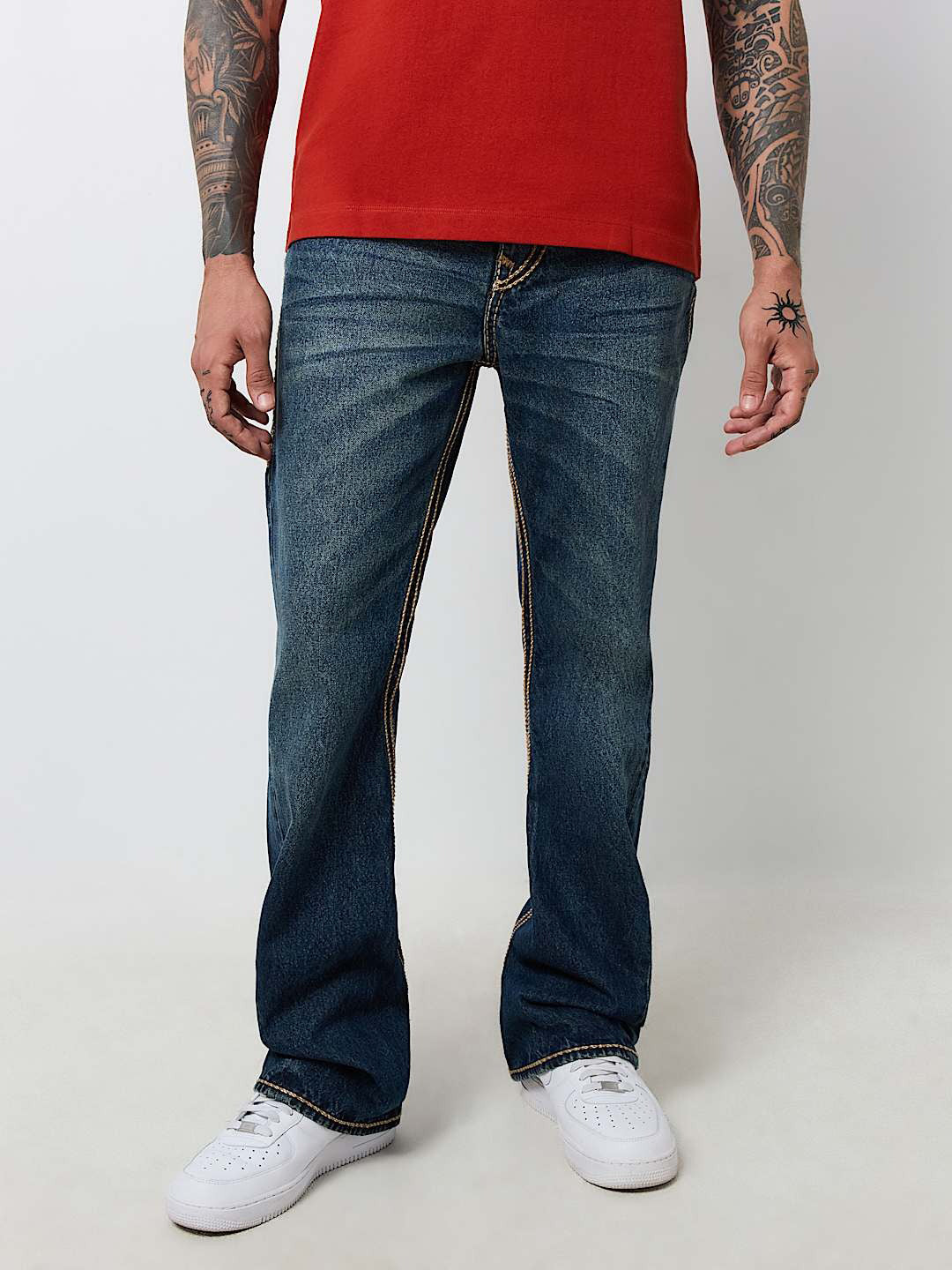 Shop True Religion Rope Stitch Joey Flare Fit Blue Mid Rise Washed