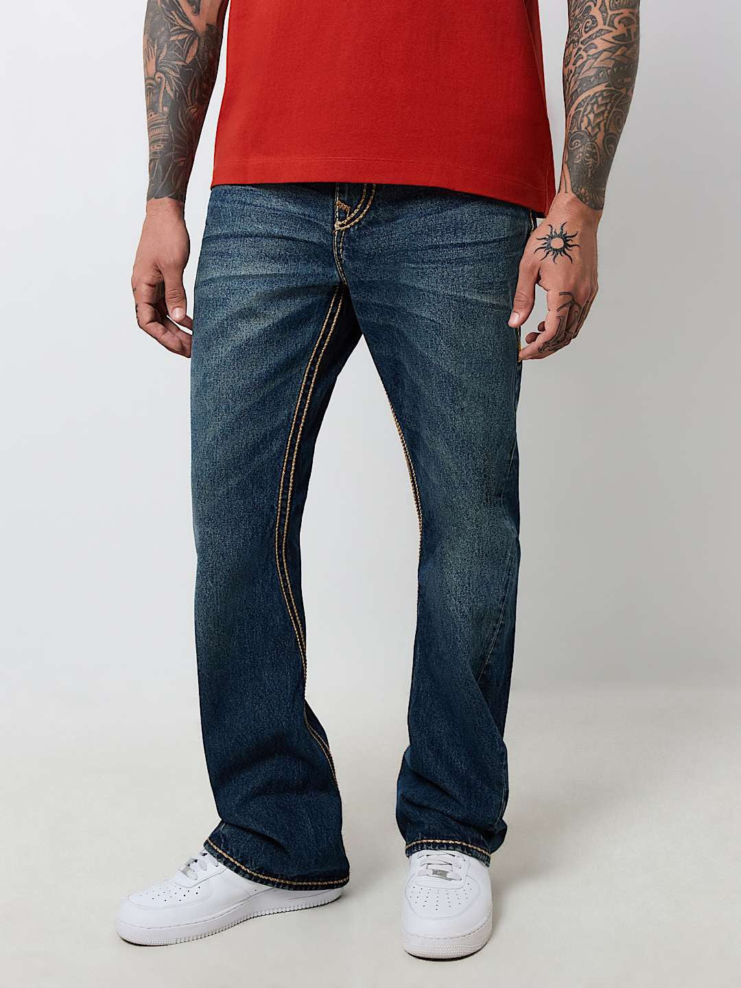 Shop True Religion Rope Stitch Joey Flare Fit Blue Mid Rise Washed