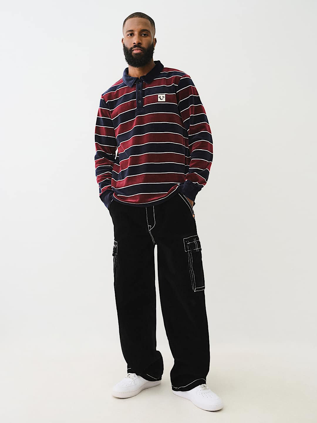 True Religion Men Black Mid Rise Oversize Contrast Stitching Cargo Trouser