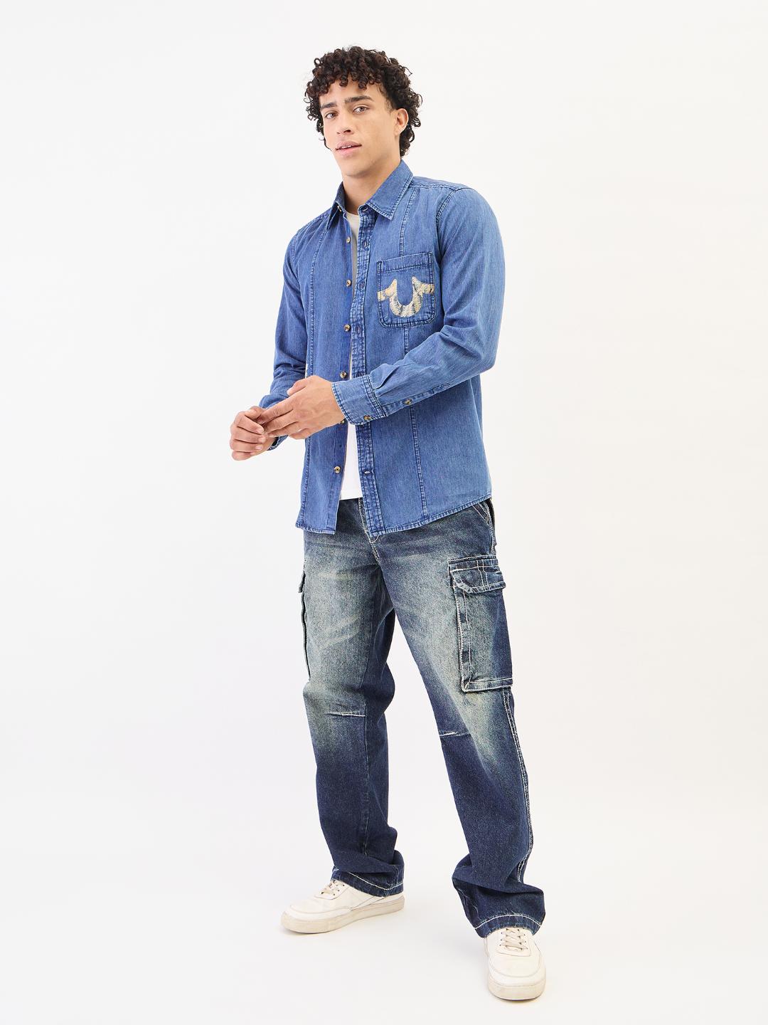 True Religion Men Blue Solid Collar Shirt