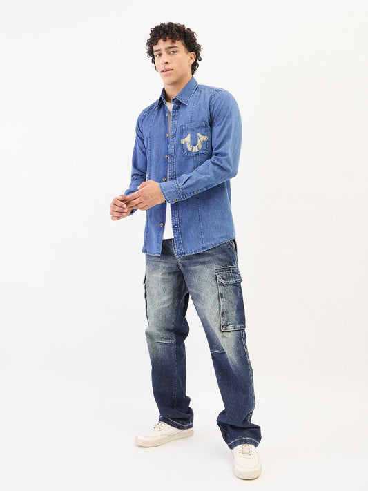 True Religion Men Blue Solid Collar Shirt