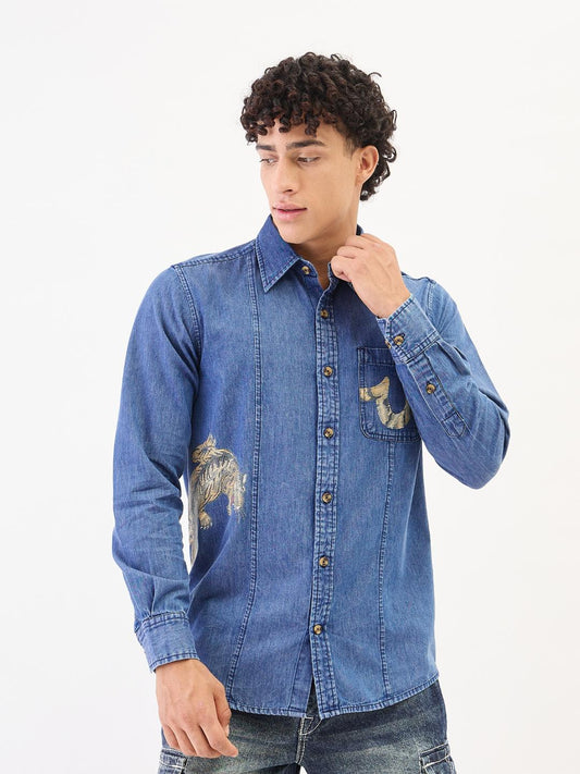 True Religion Men Blue Solid Collar Shirt