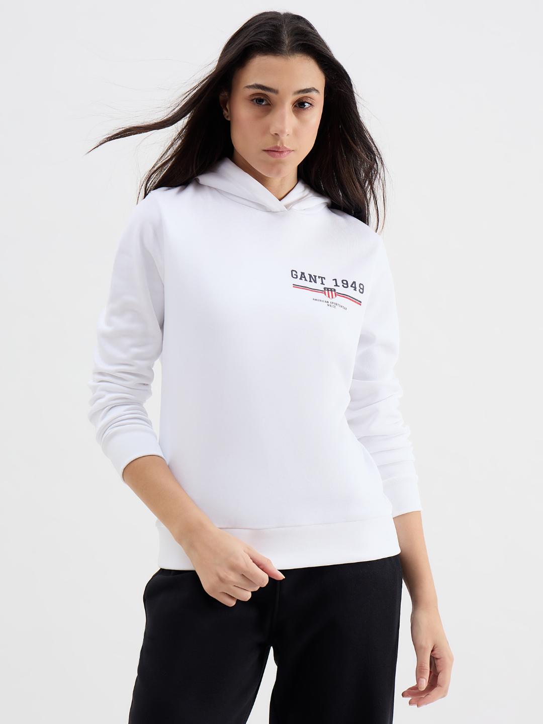 Gant Women White Solid Hooded Sweatshirt