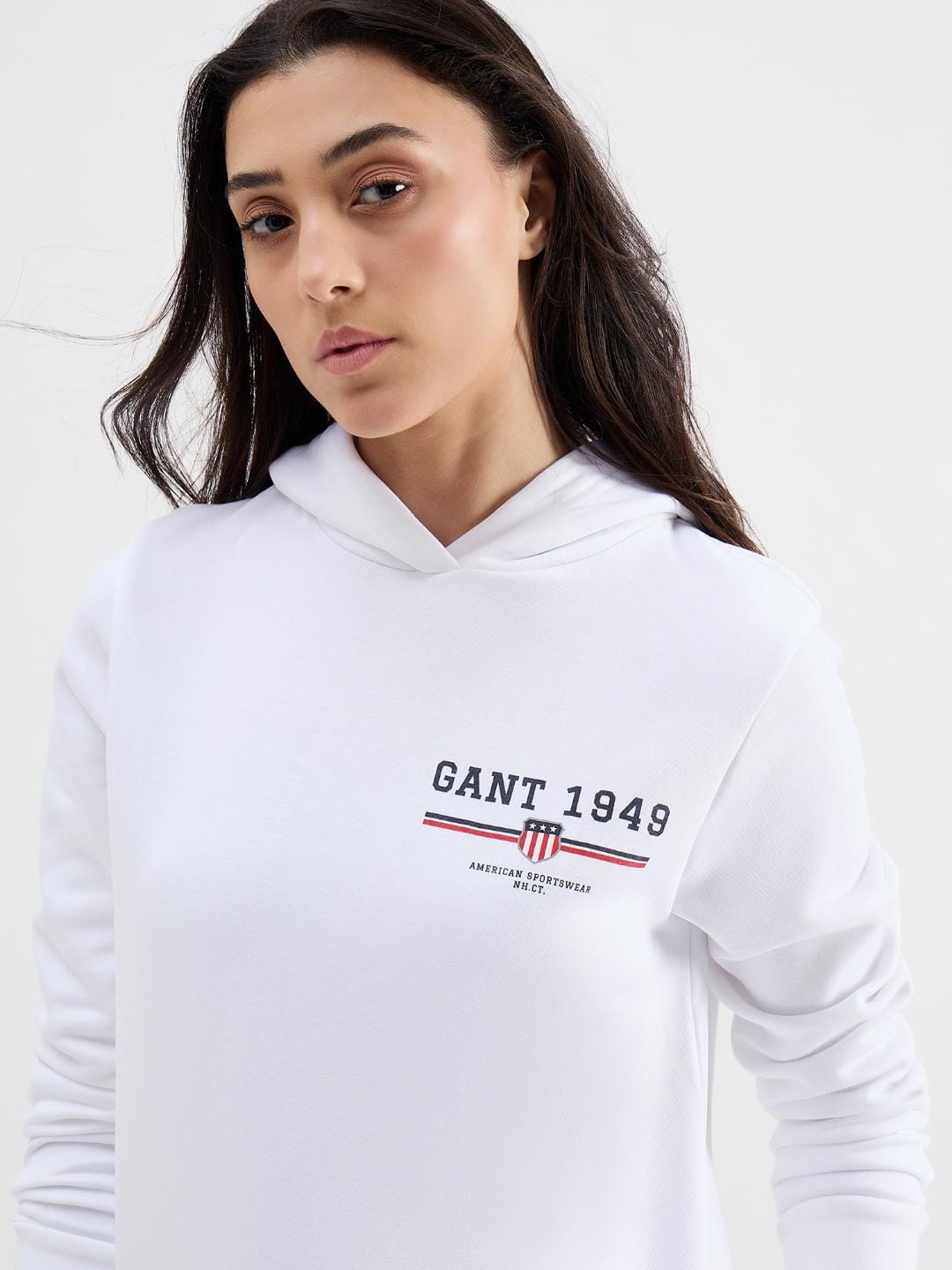 Gant Women White Solid Hooded Sweatshirt