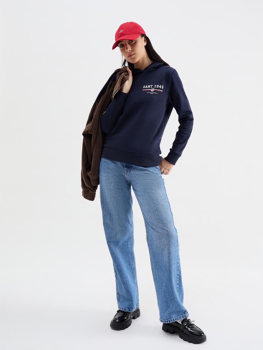 Gant Women Blue Solid Hooded Sweatshirt