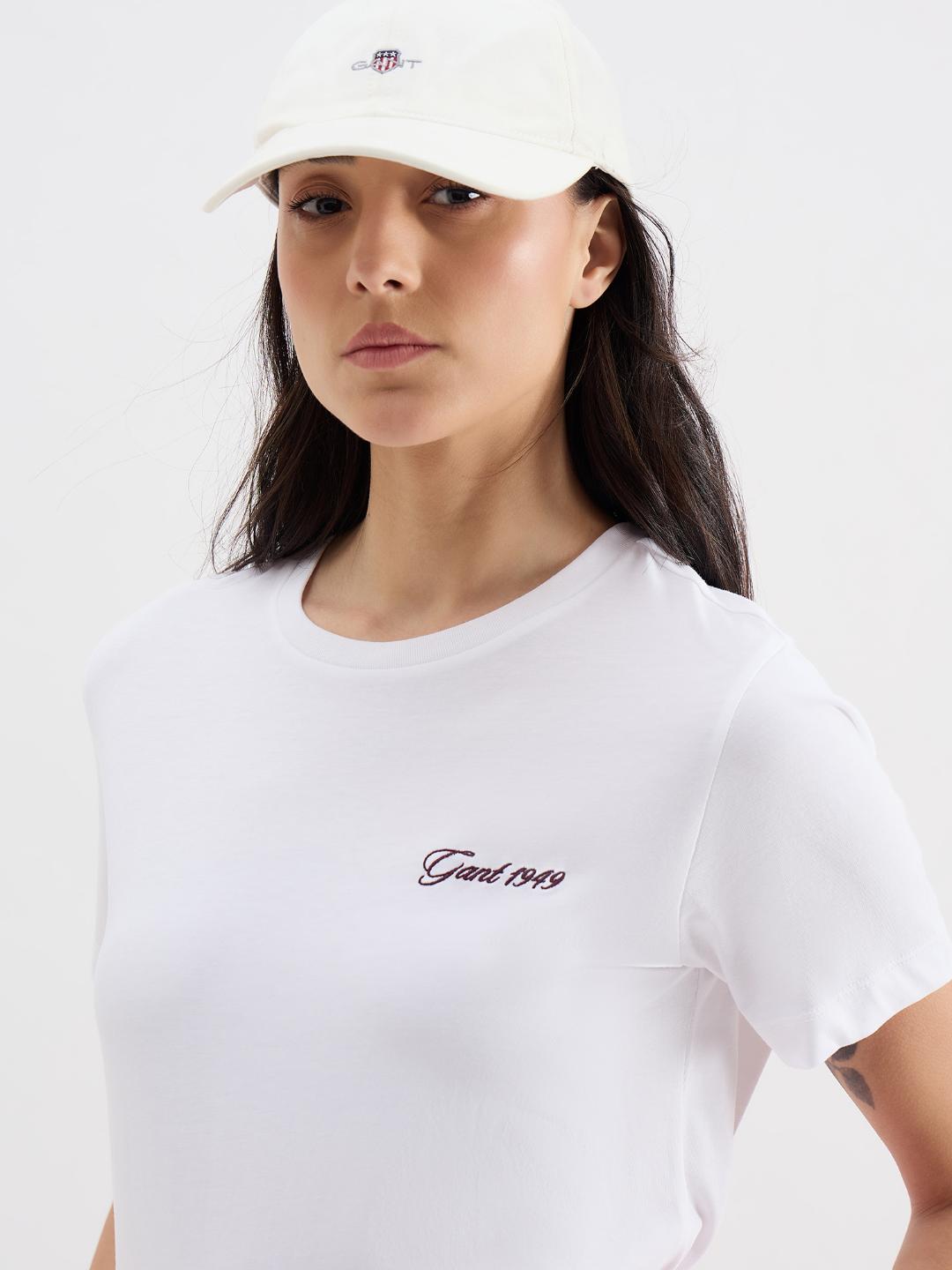 Gant Women White Melange Crew Neck Tshirt