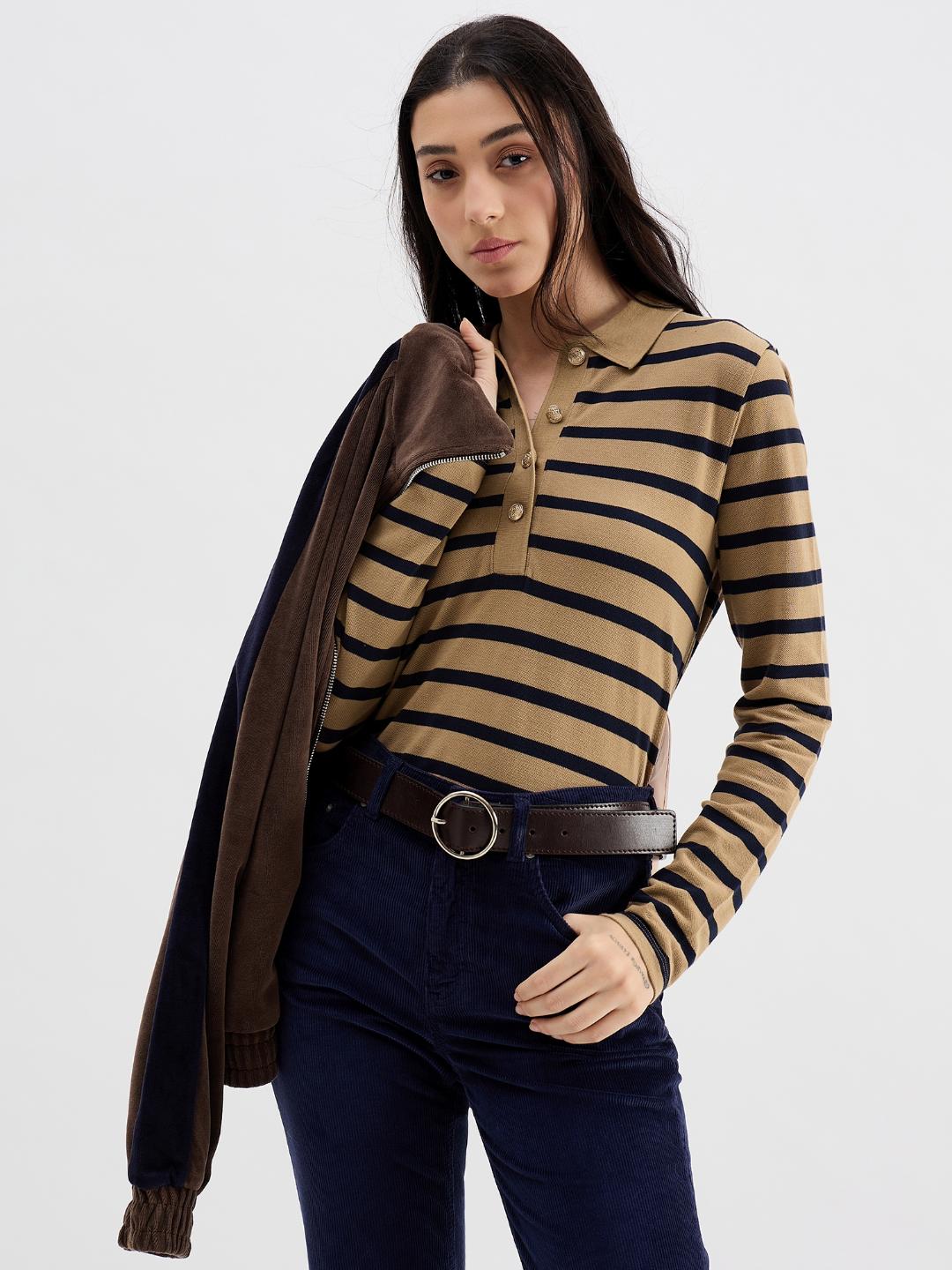 Gant Women Brown Striped Polo Tshirt