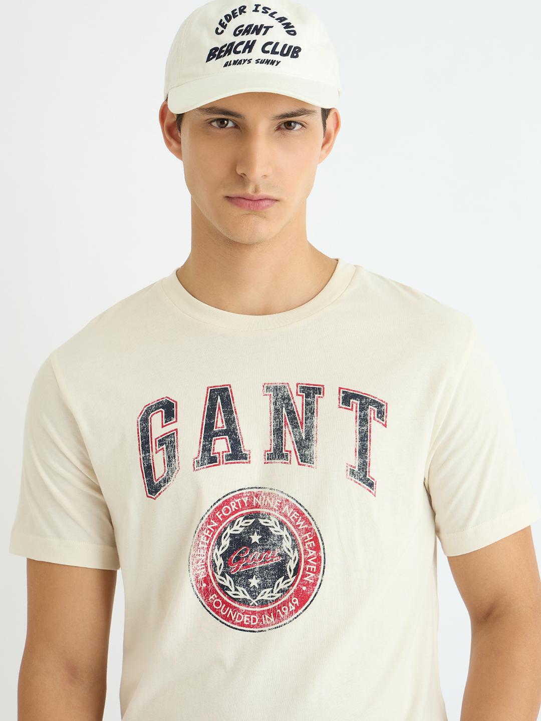 Gant Men Cream Printed Crew Neck Tshirt