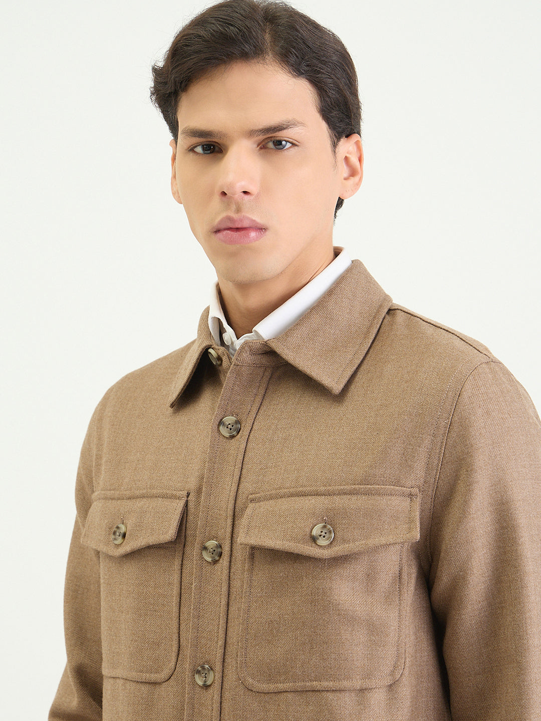 Gant Men Regular Beige Solid Wool Blend Oversize Shirt