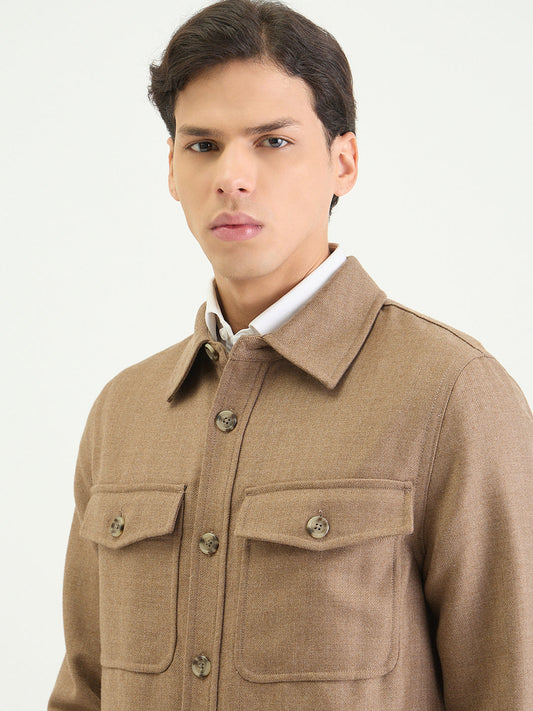 Gant Men Regular Beige Solid Wool Blend Oversize Shirt