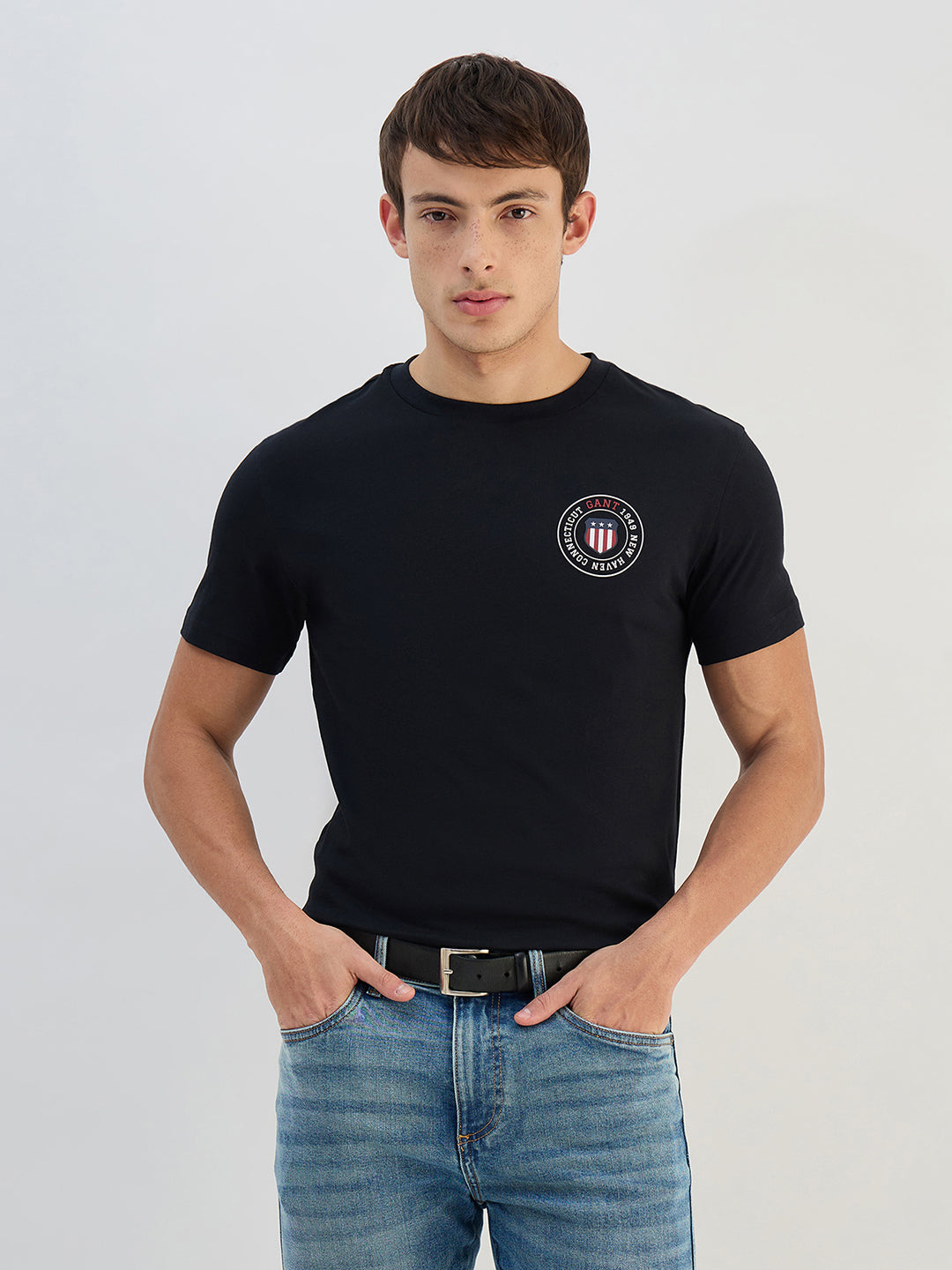 GANT Men Black Logo Crew Neck Regular Fit T Shirt