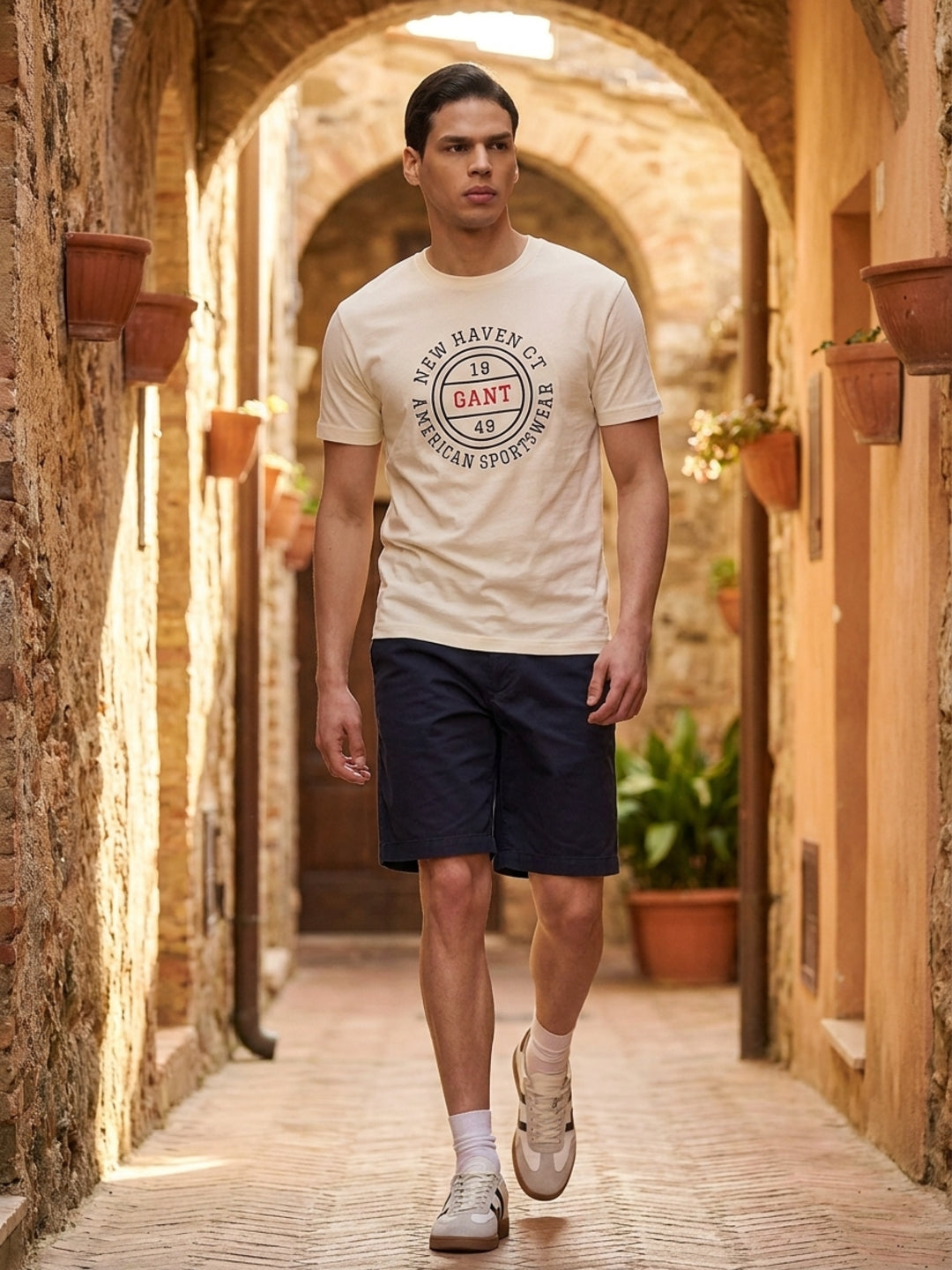 Gant Men Cream Printed Regular Fit Pure Cotton T-Shirt
