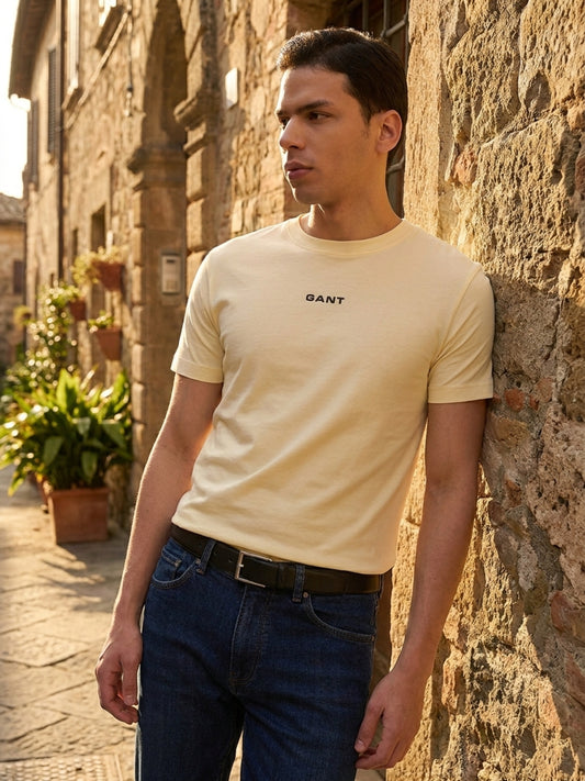 Gant Men Yellow Solid Regular Fit Pure Cotton T-Shirt