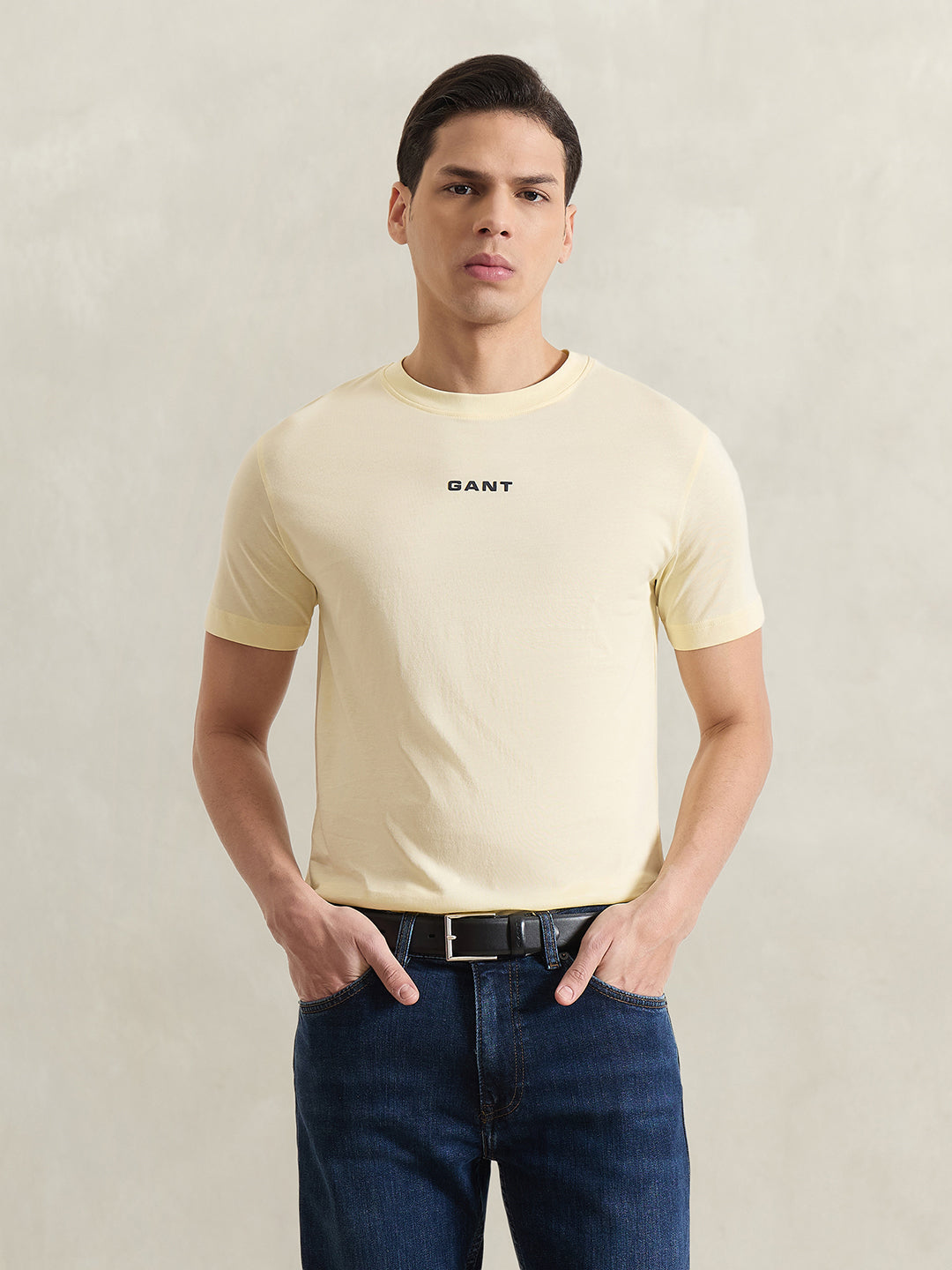 Gant Men Yellow Solid Regular Fit Pure Cotton T-Shirt