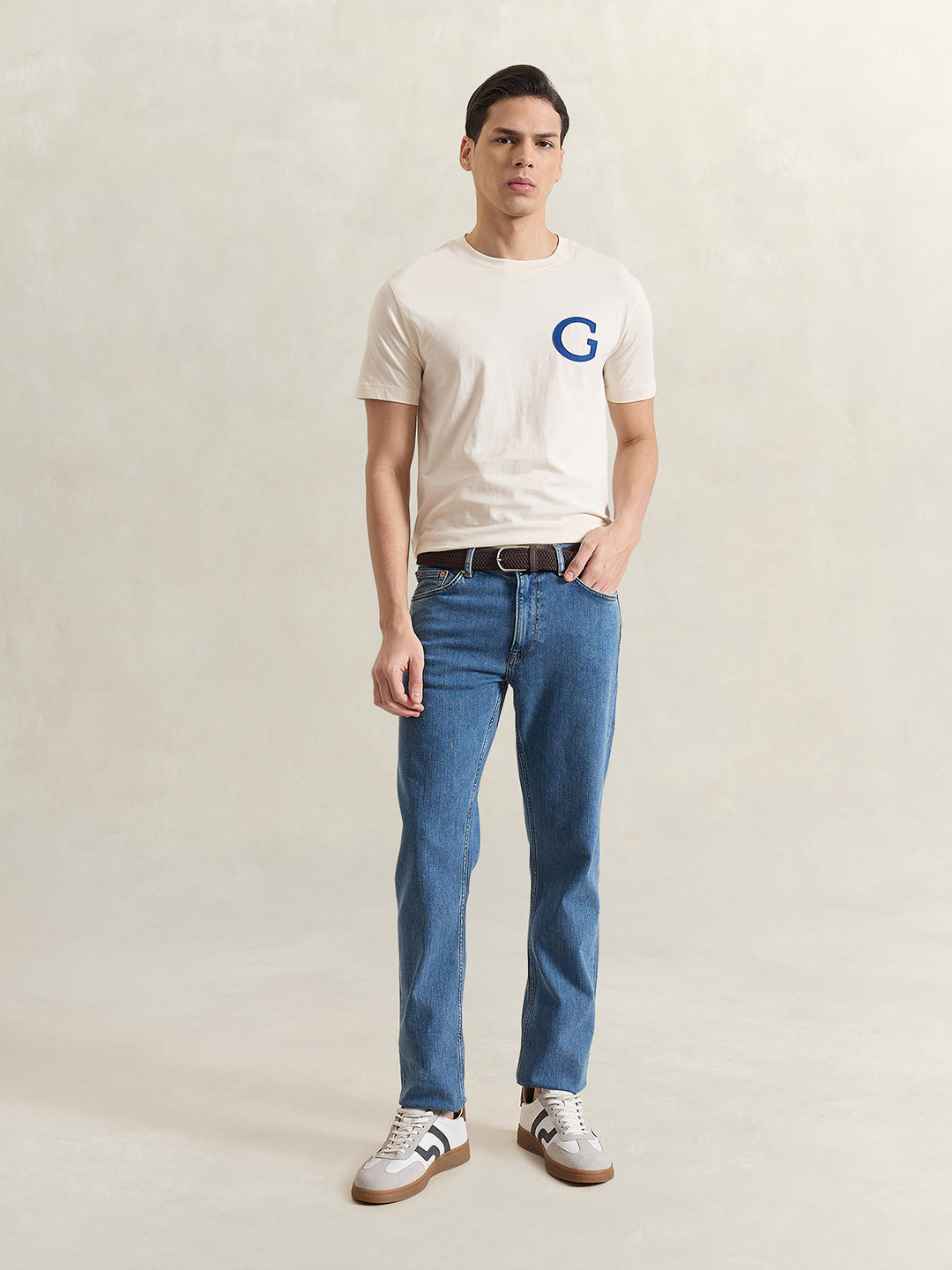 Gant Men Cream Solid Regular Fit T-Shirt