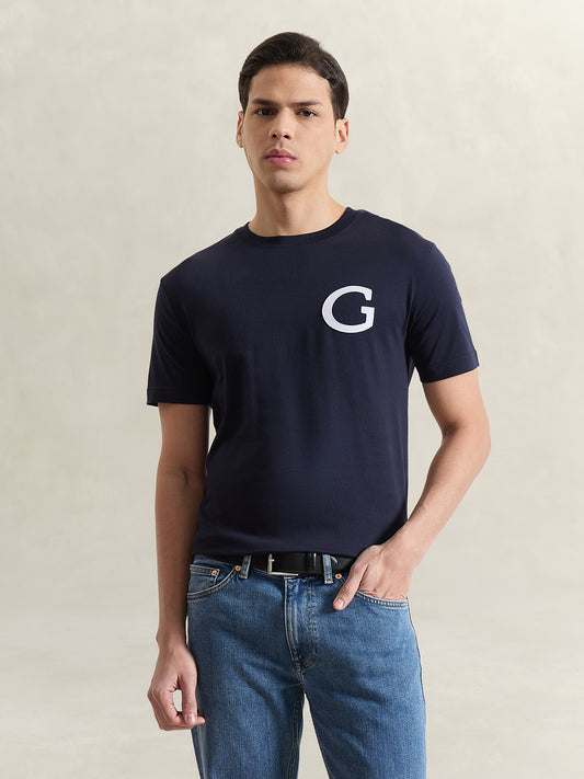 Gant Men Navy Blue Solid Regular Fit T-Shirt