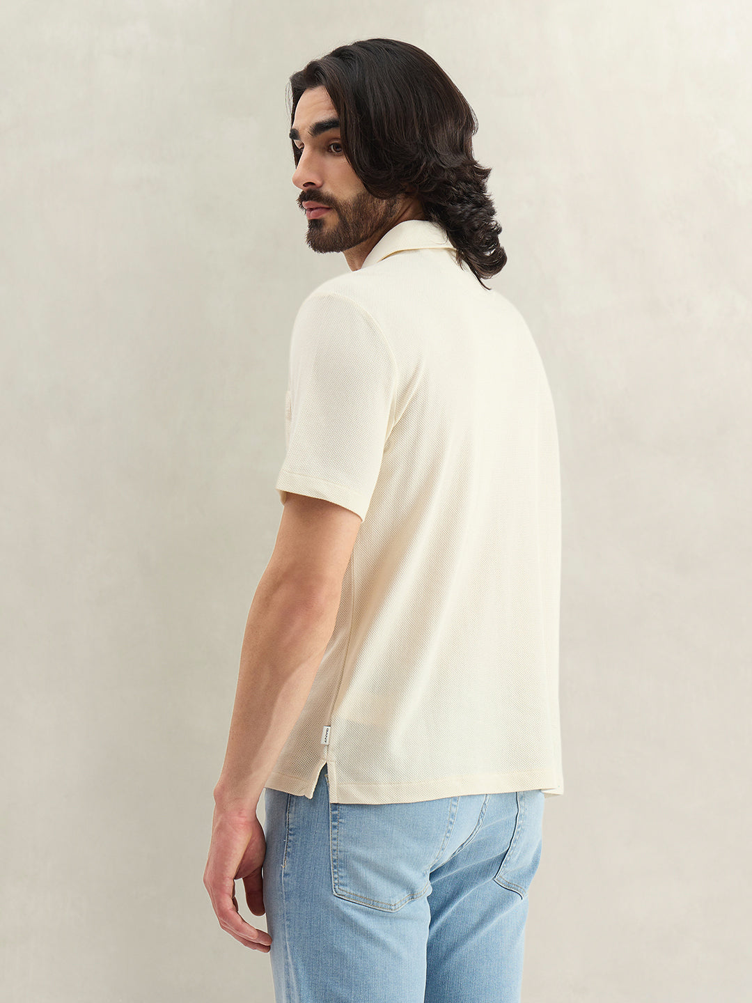 Gant Men Cream Self Design Regular Fit Polo T-Shirt