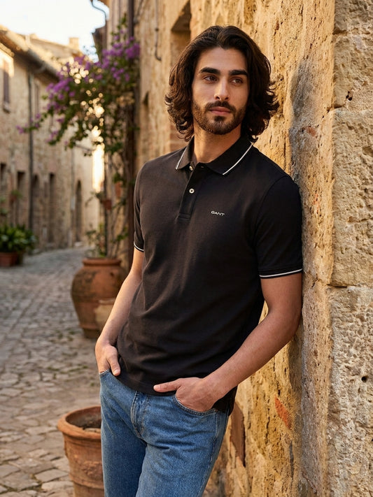Gant Men Black Solid Regular Fit Pique Polo T-Shirt