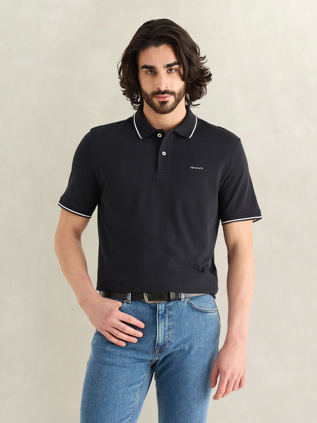 Gant Men Black Solid Regular Fit Pique Polo T-Shirt