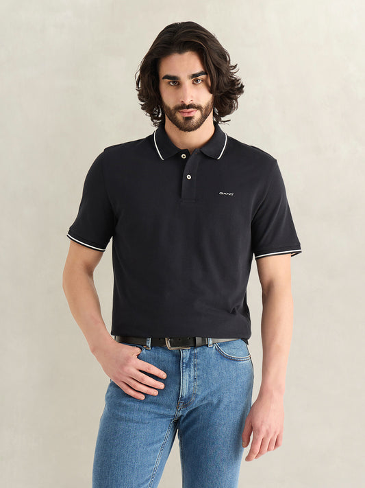 Gant Men Black Solid Regular Fit Pique Polo T-Shirt