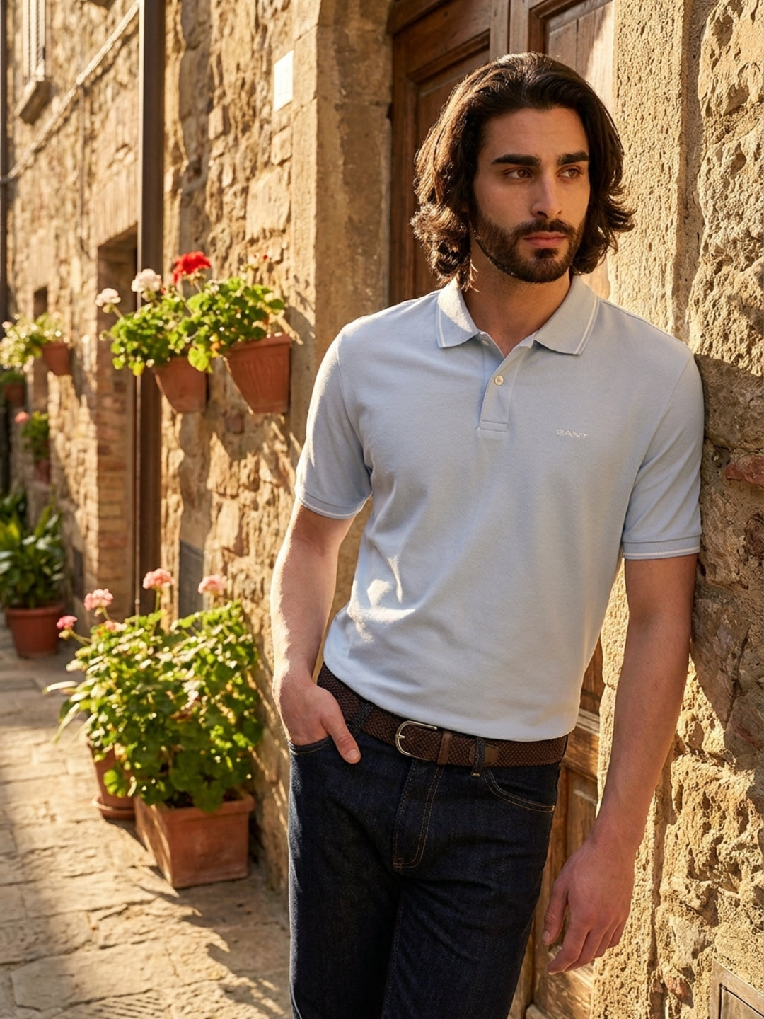 Gant Men Sky Blue Solid Regular Fit Pique Polo T-Shirt