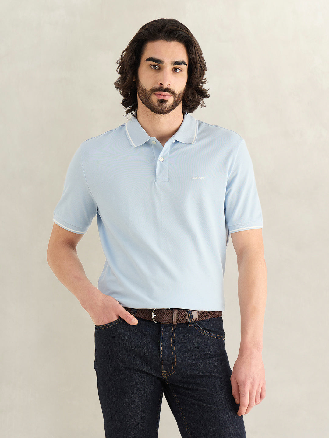 Gant Men Sky Blue Solid Regular Fit Pique Polo T-Shirt