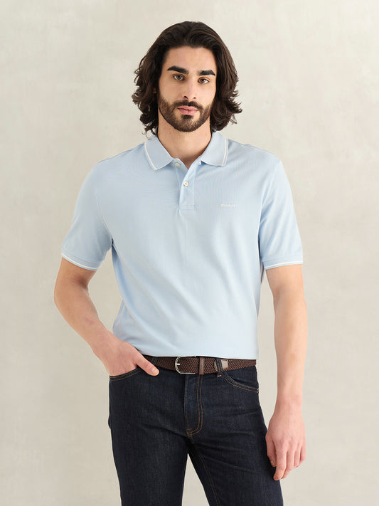 Gant Men Sky Blue Solid Regular Fit Pique Polo T-Shirt