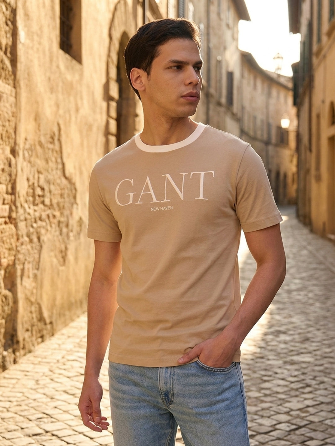 Gant Men Beige Solid Regular Fit Pure Cotton T-Shirt