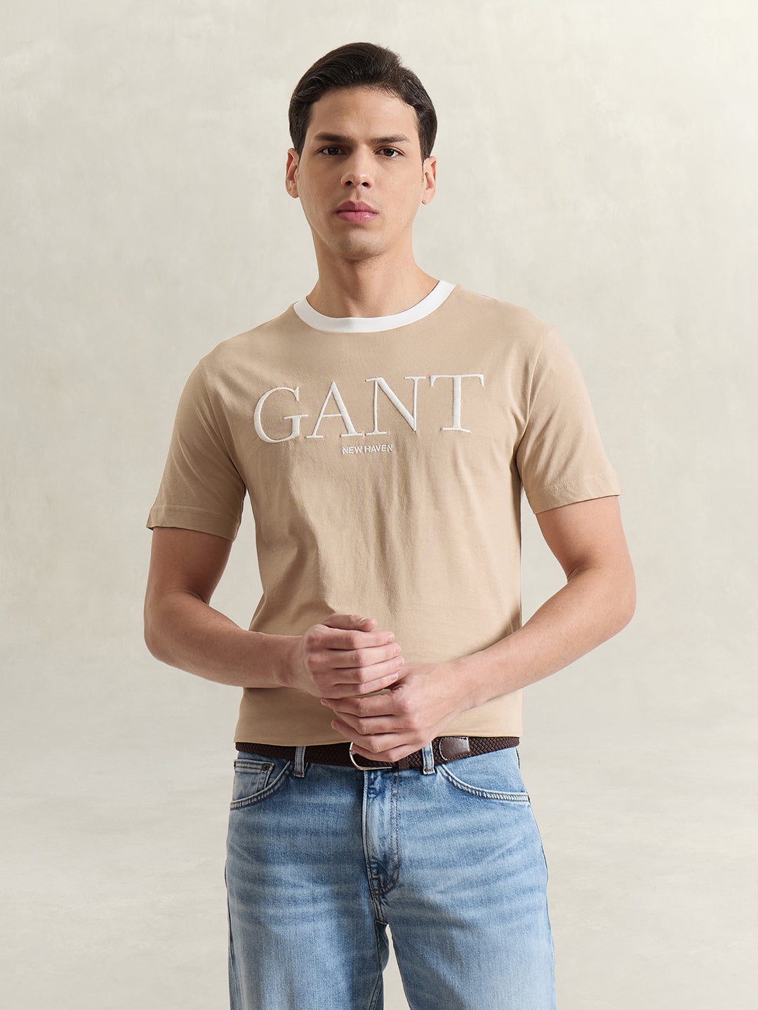 Gant Men Beige Solid Regular Fit Pure Cotton T-Shirt
