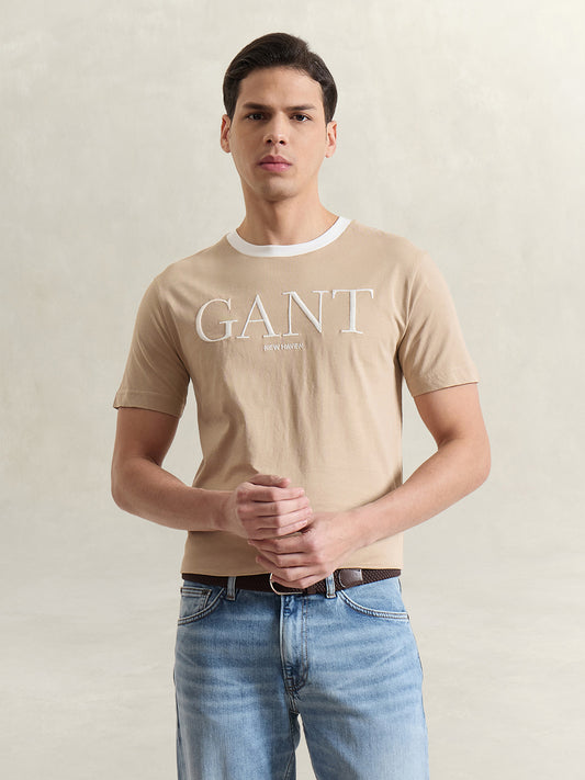 Gant Men Beige Solid Regular Fit Pure Cotton T-Shirt