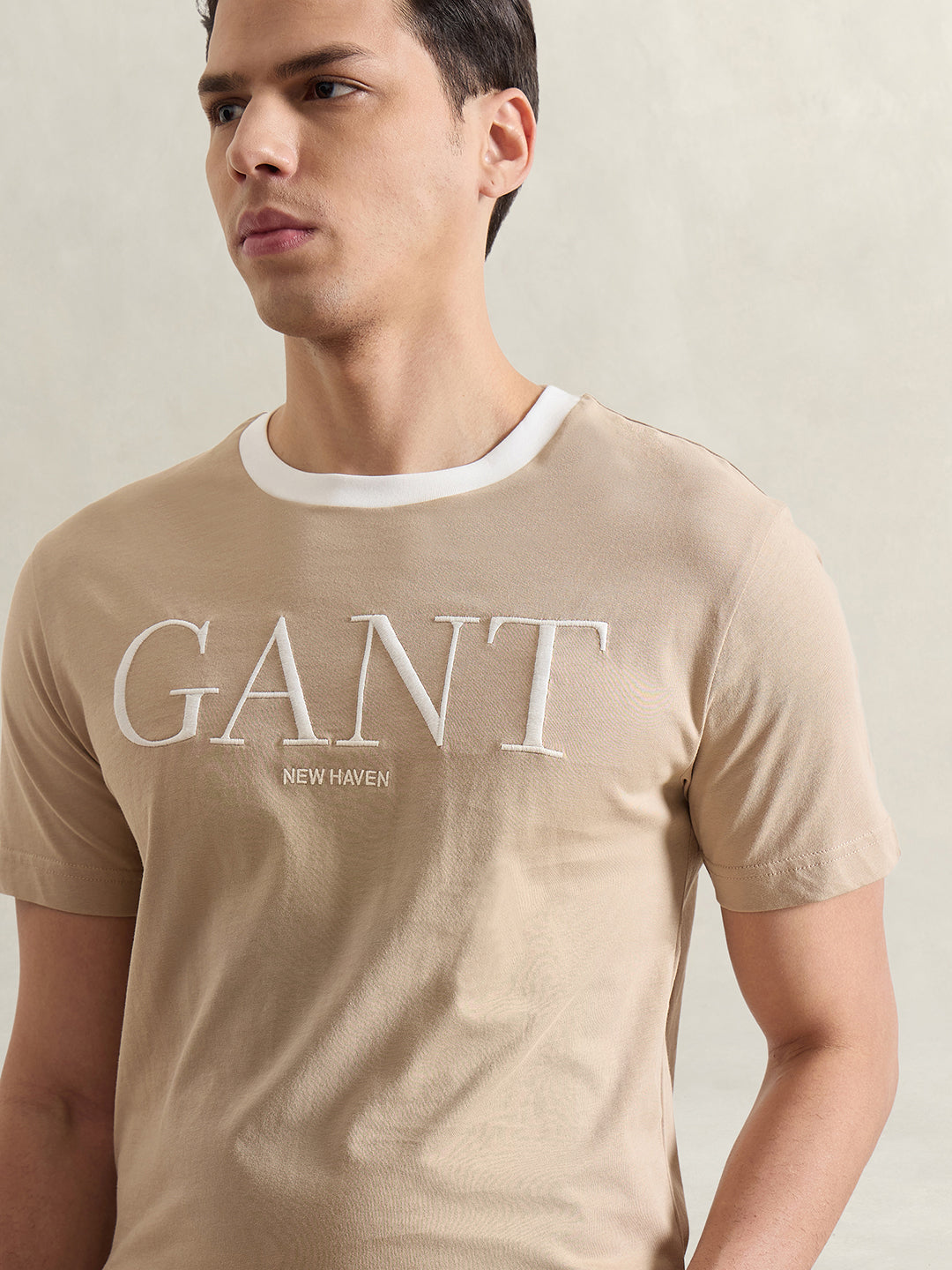 Gant Men Beige Solid Regular Fit Pure Cotton T-Shirt