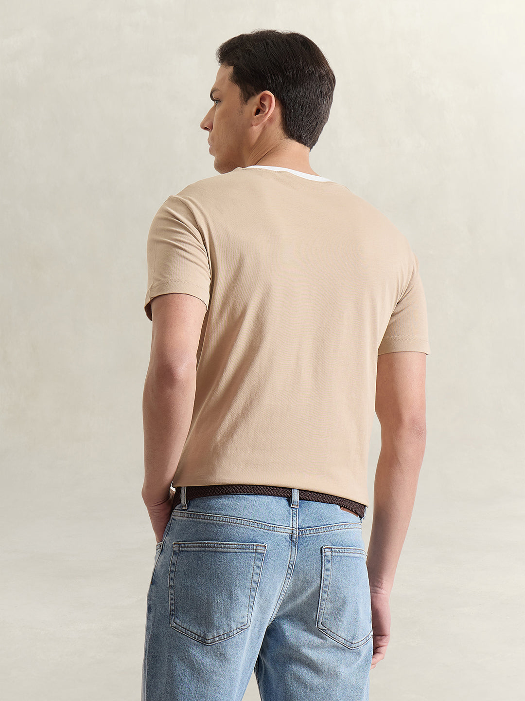 Gant Men Beige Solid Regular Fit Pure Cotton T-Shirt