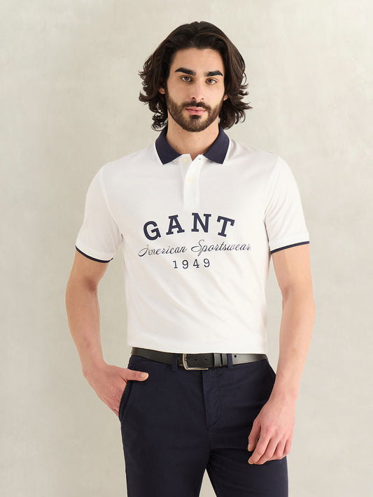Gant Men White Printed Regular Fit Pure Cotton Polo T-Shirt
