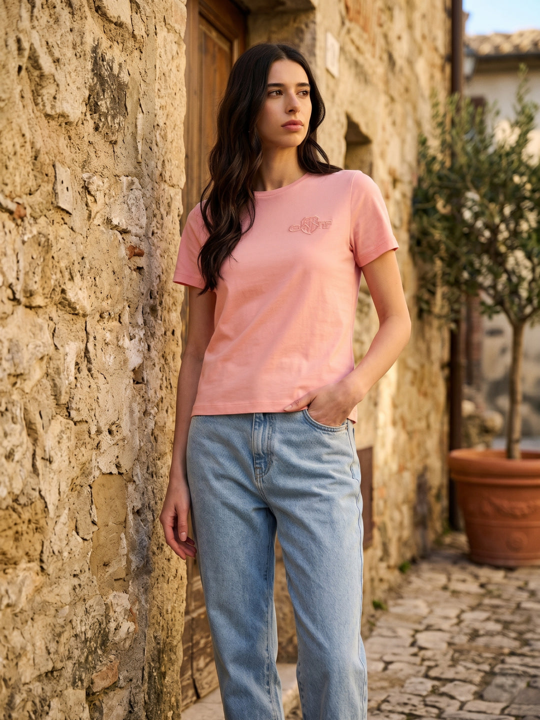 Gant Women Pink Solid Regular Fit Shield T-Shirt