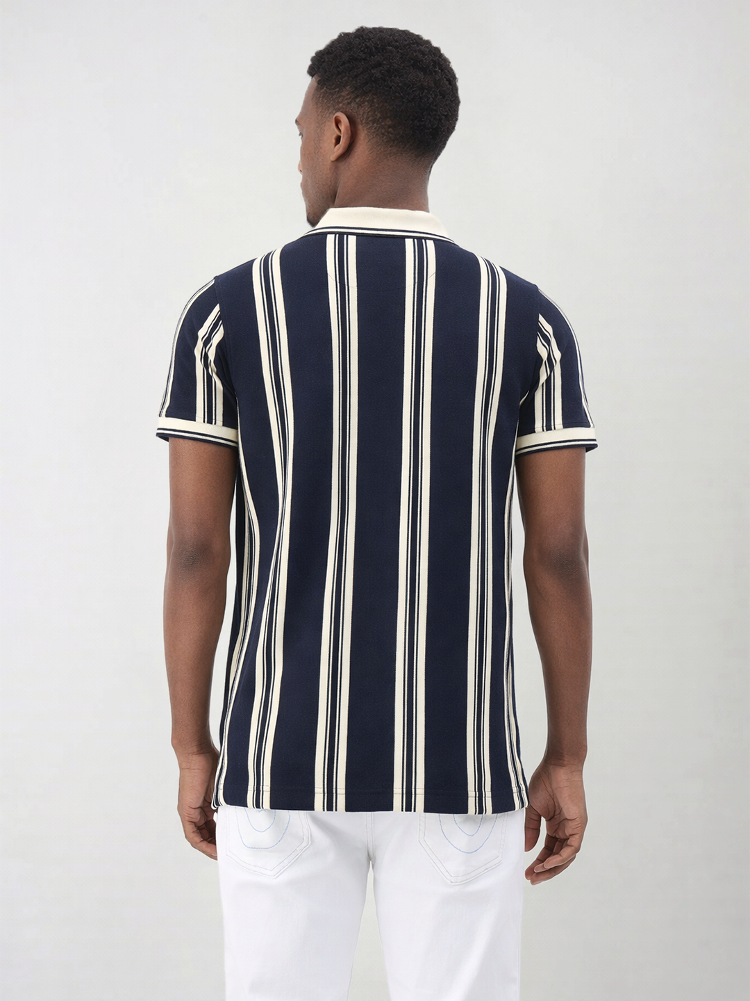 True Religion Men Navy Blue Striped Regular Fit Polo T-Shirt