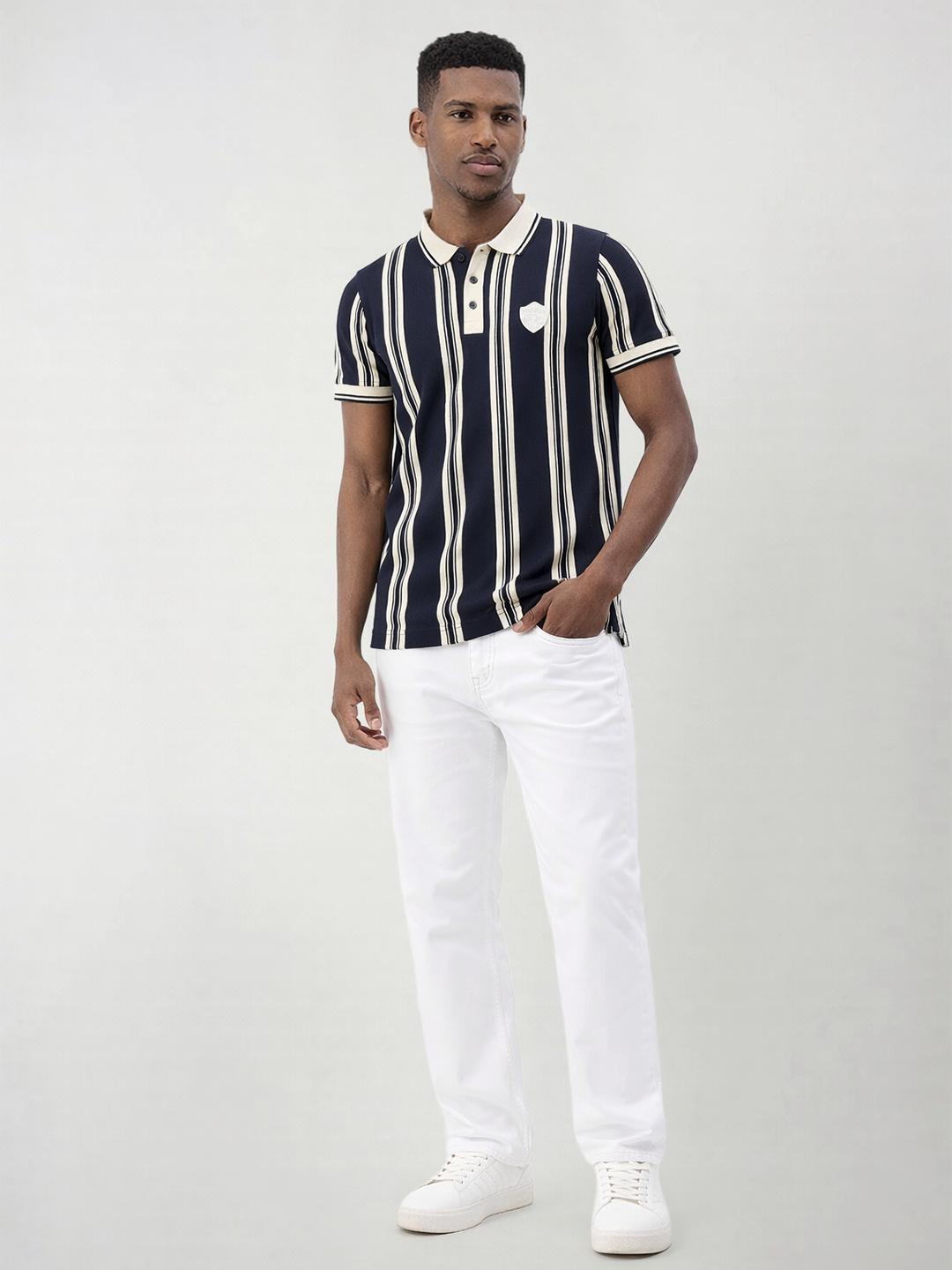True Religion Men Navy Blue Striped Regular Fit Polo T-Shirt