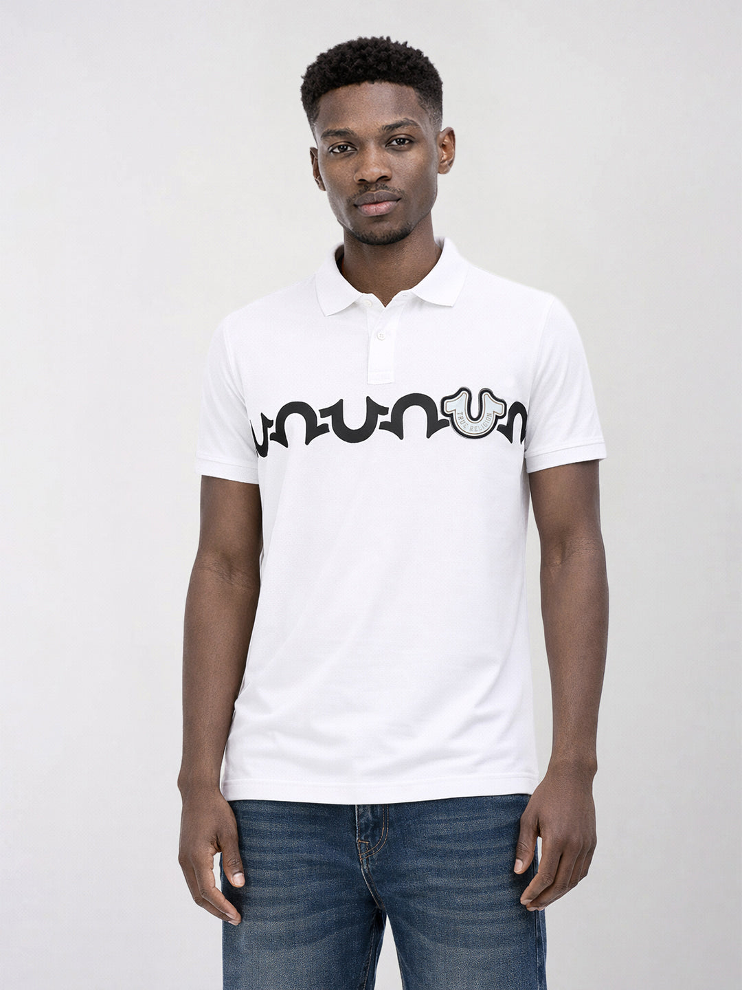 True Religion Men White Printed Regular Fit Pure Cotton Polo T-Shirt
