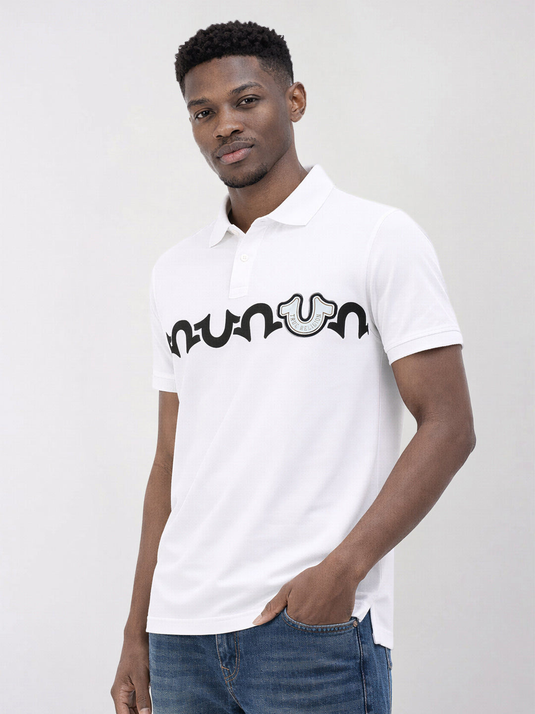 True Religion Men White Printed Regular Fit Pure Cotton Polo T-Shirt
