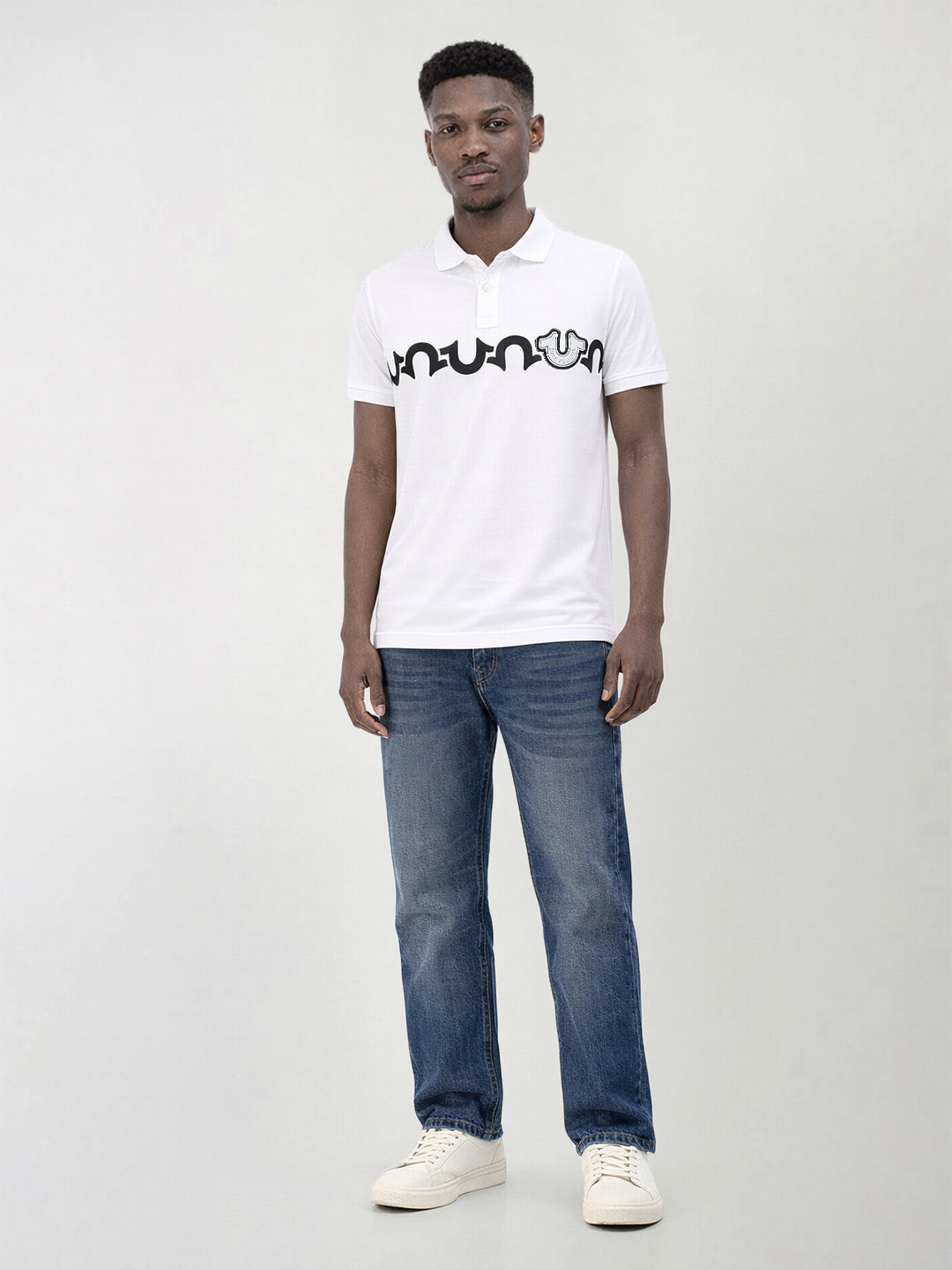 True Religion Men White Printed Regular Fit Pure Cotton Polo T-Shirt