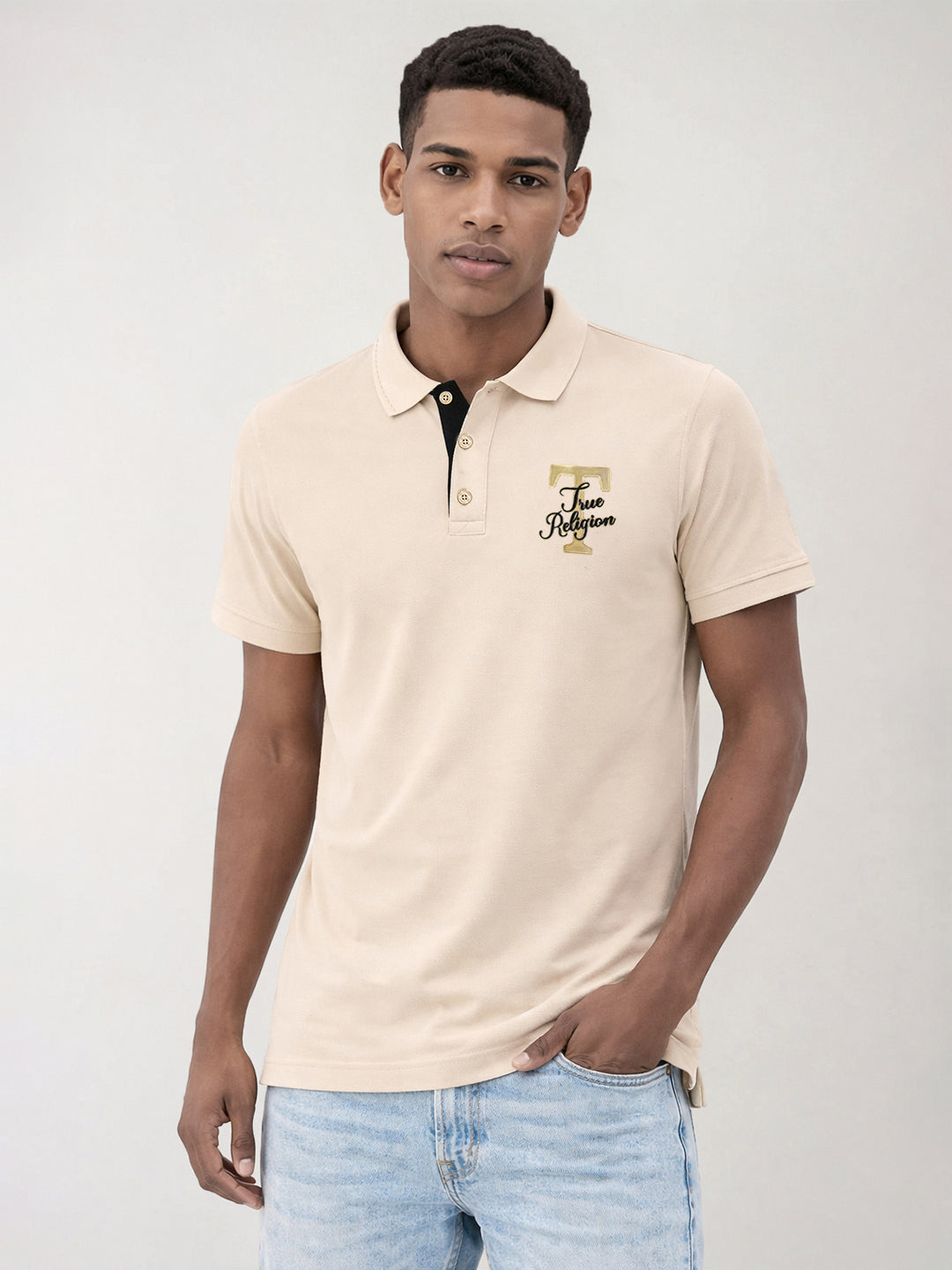 True Religion Men Beige Solid Regular Fit Pure Cotton Polo T-Shirt